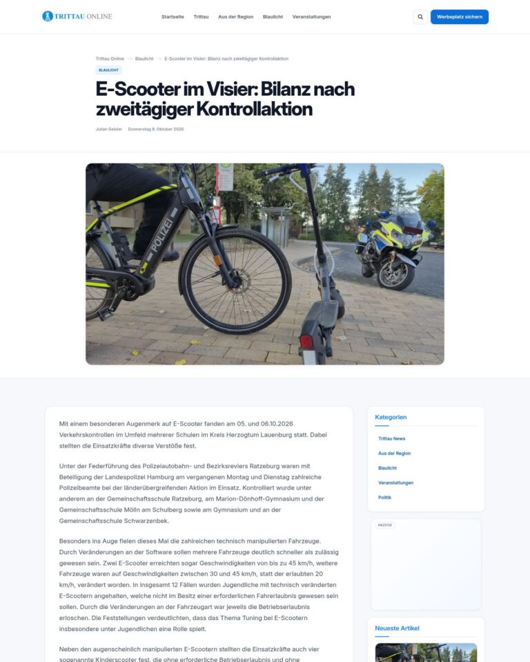 Beitragsansicht auf trittau-online.com mit einer Meldung aus der Rubrik Blaulicht, Desktop-Ansicht