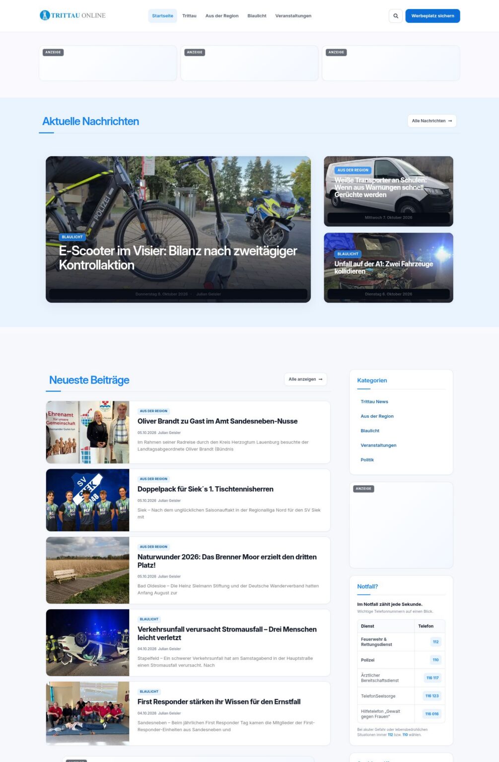 Startseite von Trittau Online in der Desktop-Ansicht