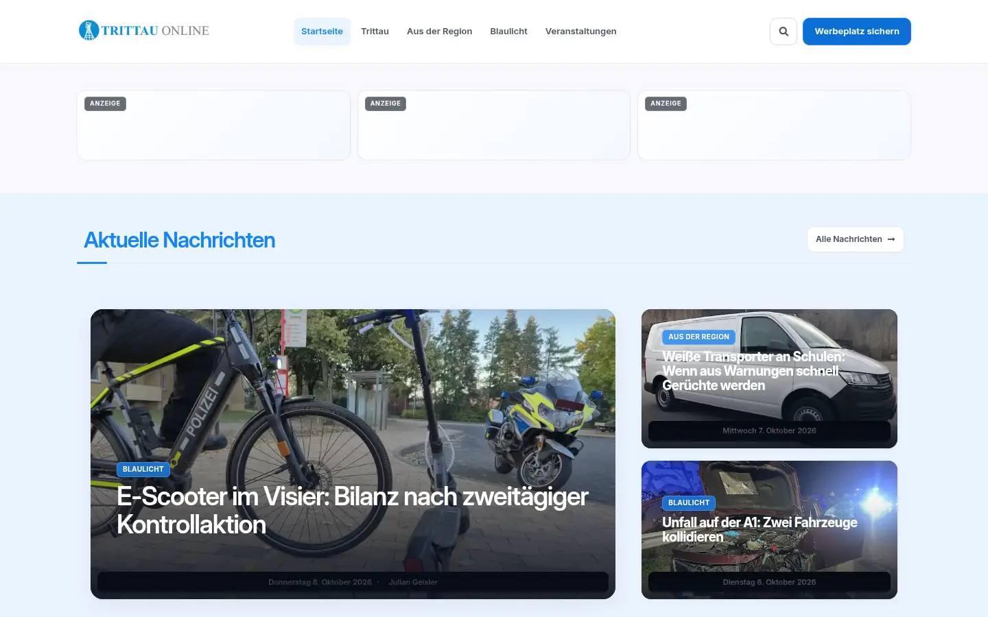 Startseite von Trittau Online in der Desktop-Ansicht